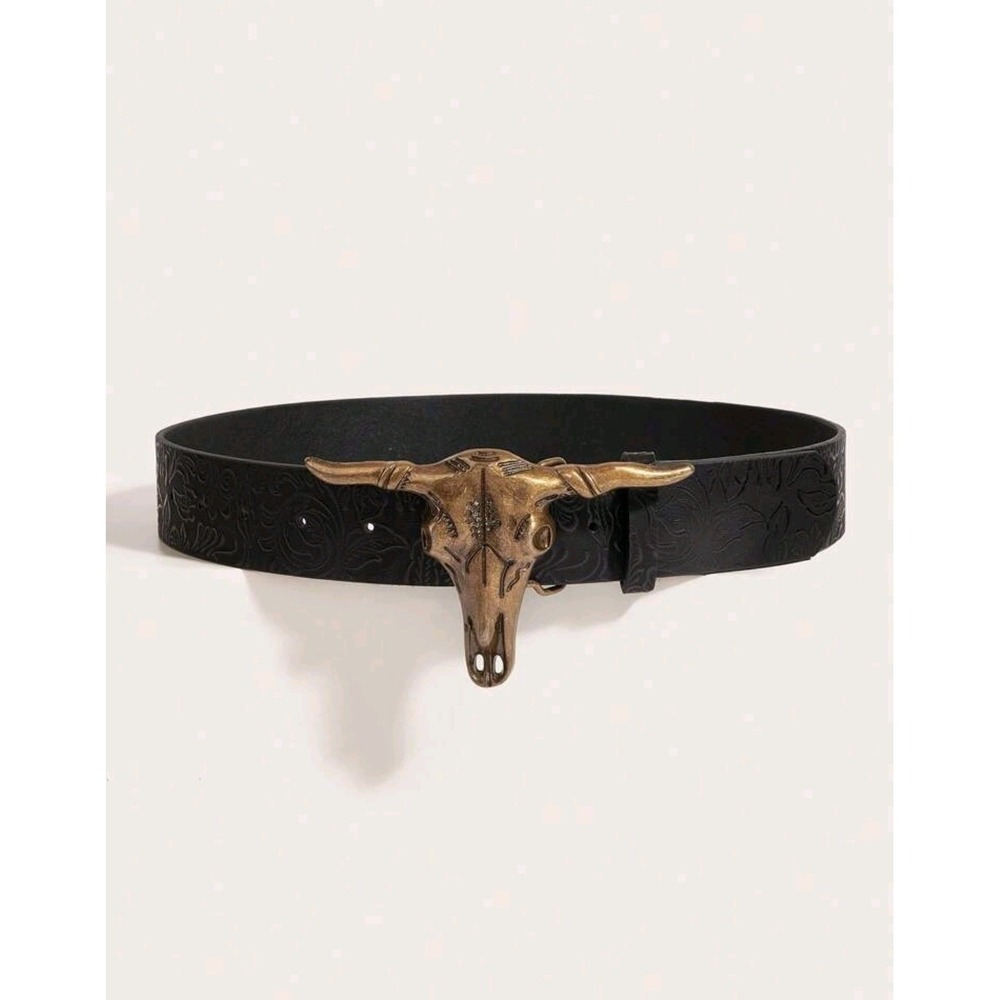 Western Belt Black Floral Embossed Bull Skull Buckle Fashion Accessory